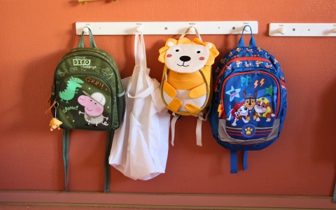 Drei bunte Kinderrucksäcke mit unterschiedlichen Motiven (Peppa Wutz, Löwe, Paw Patrol) hängen an einer Garderobe mit Namensschildchen, daneben eine weiße Stofftasche. Die Garderobe befindet sich an einer orangefarbenen Wand, typisch für einen Kindergarten oder eine Kita.