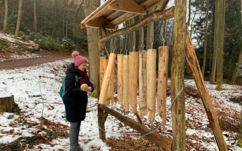 Eine Person mit rosa Mütze, dunkler Jacke und grünem Rucksack steht vor einem großen Musikinstrument aus mehreren hängenden Holzplanken. Die Person hält einen Schlägel in der Hand und scheint das Instrument zu bespielen. Der Boden ist teilweise mit Schnee bedeckt, im Hintergrund stehen Bäume eines Waldes.