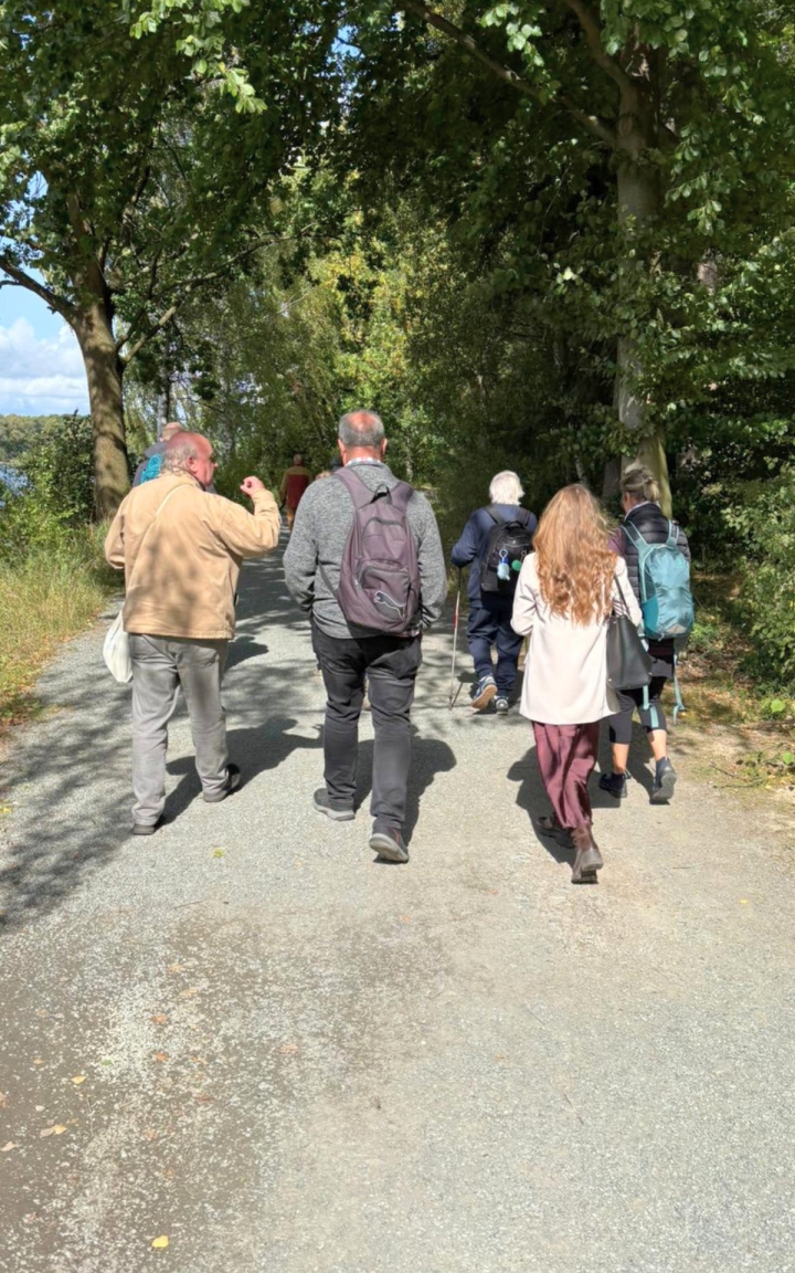 Mehrere Personen gehen auf einem von Bäumen gesäumten Weg. Sonnenlicht fällt durch das Blätterdach und erzeugt helle Flecken auf dem Boden. Die Personen tragen Freizeitkleidung und Rucksäcke. Im Hintergrund ist Wasser zwischen den Bäumen sichtbar.